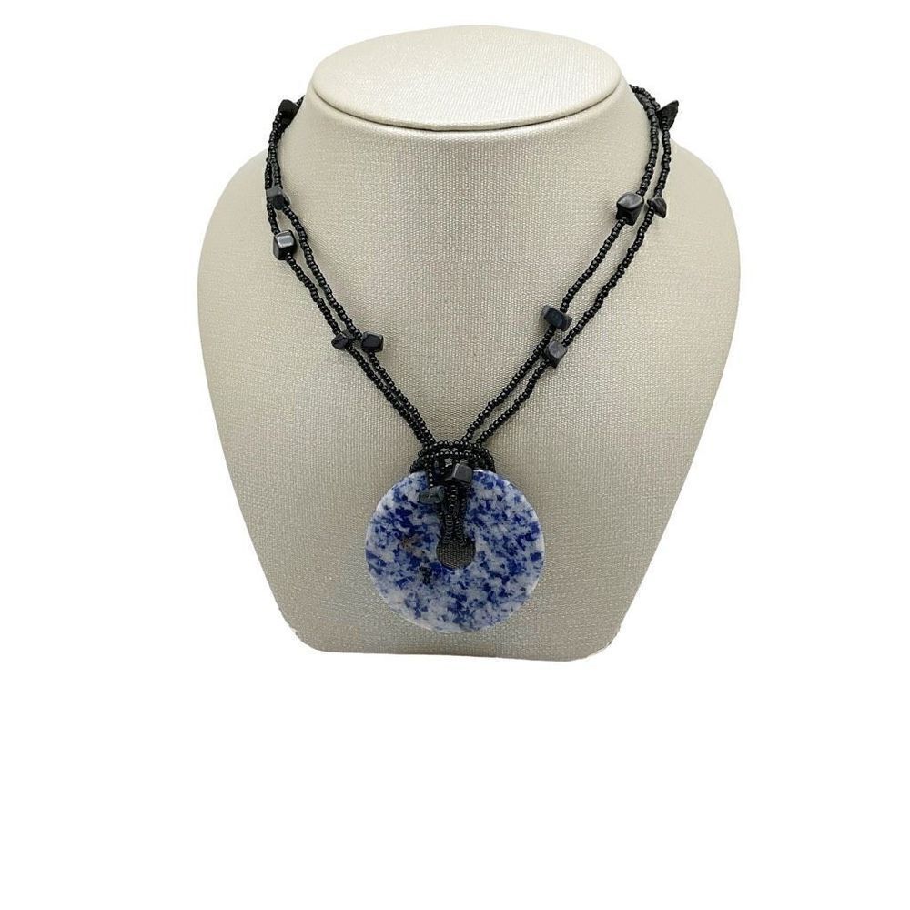 Sodalite Necklace Blue White Natural Stone Donut Pendant Black Beaded Chain